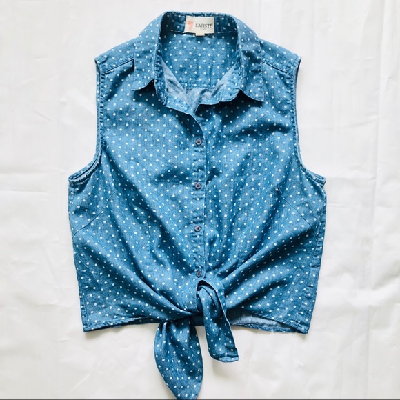 L'ATISTE Tops - Chambray Polkadot Button Down Tank With Front Tie